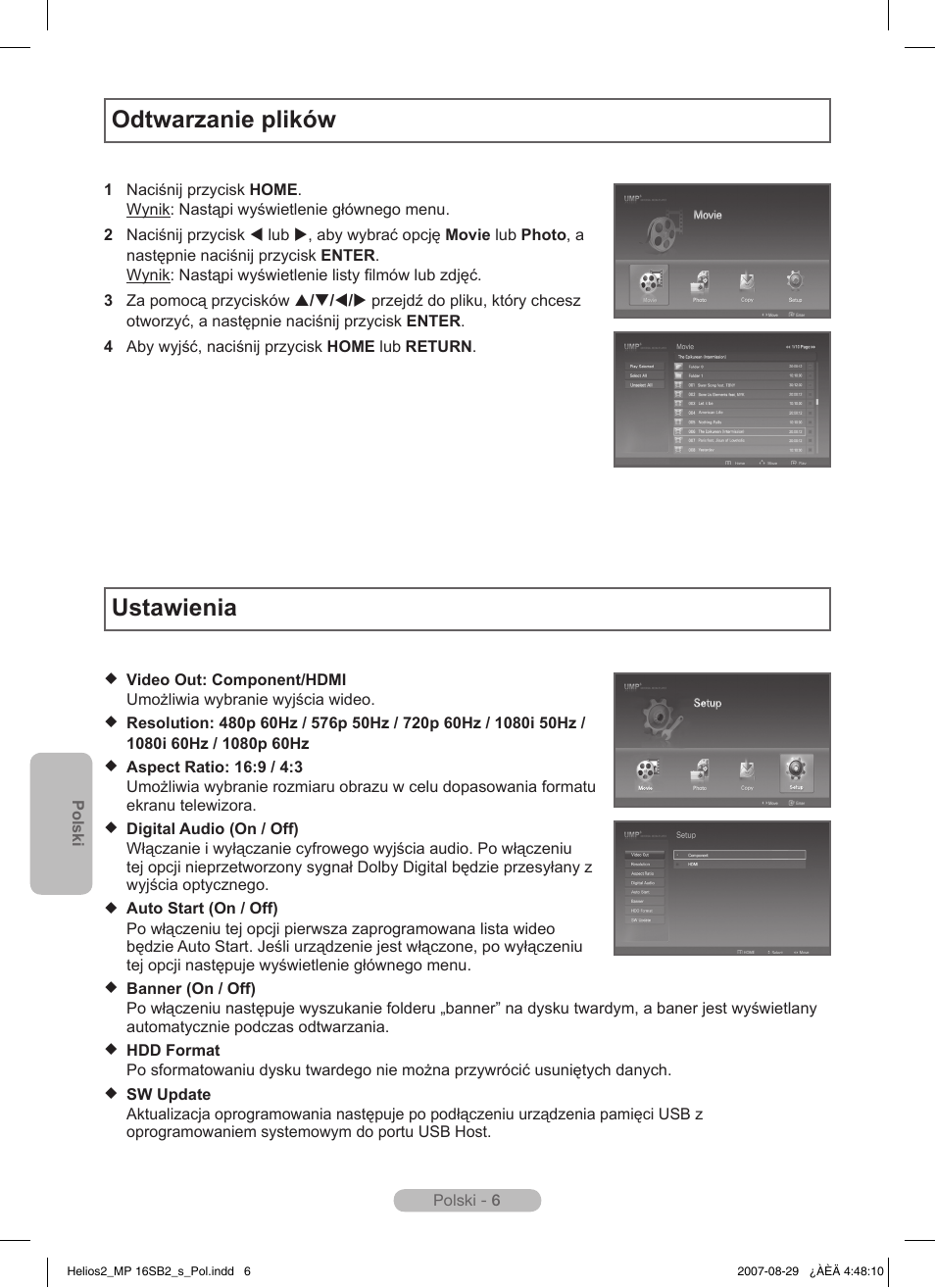 Odtwarzanie plików, Ustawienia | Samsung MR-16SB2 User Manual | Page 72 / 151