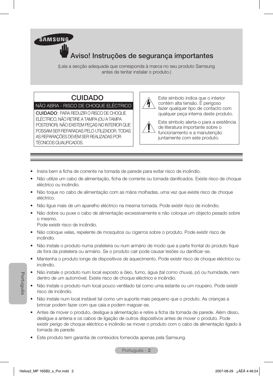 Português, Aviso! instruções de segurança importantes, Cuidado | Samsung MR-16SB2 User Manual | Page 74 / 151
