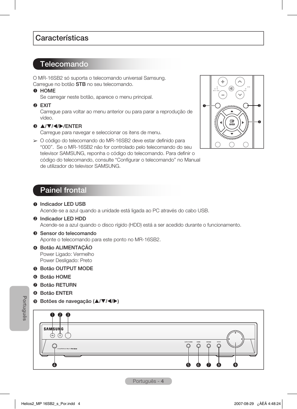 Características telecomando, Painel frontal | Samsung MR-16SB2 User Manual | Page 76 / 151