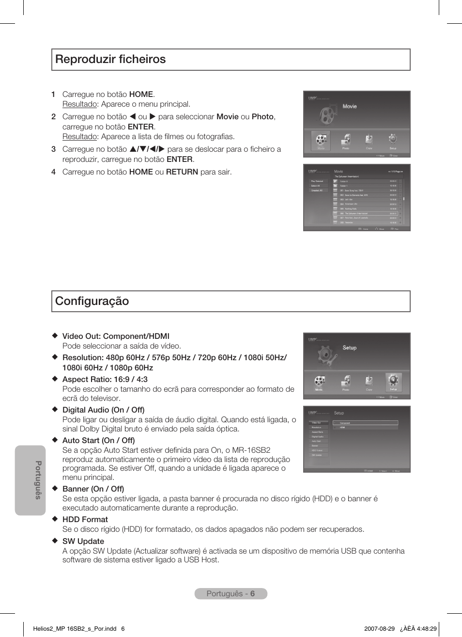 Reproduzir ficheiros, Configuração | Samsung MR-16SB2 User Manual | Page 78 / 151