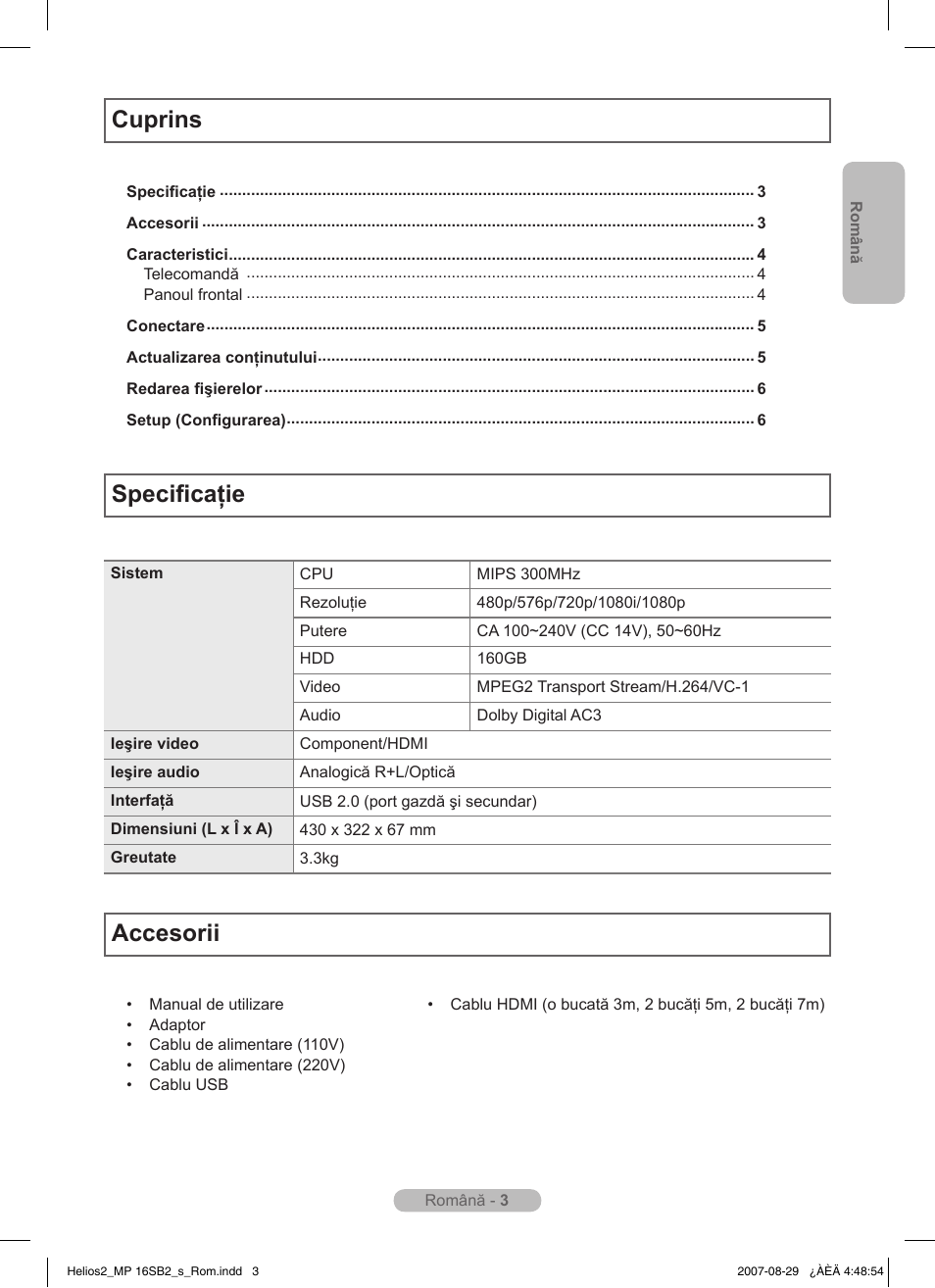 Cuprins specificaţie, Accesorii | Samsung MR-16SB2 User Manual | Page 87 / 151