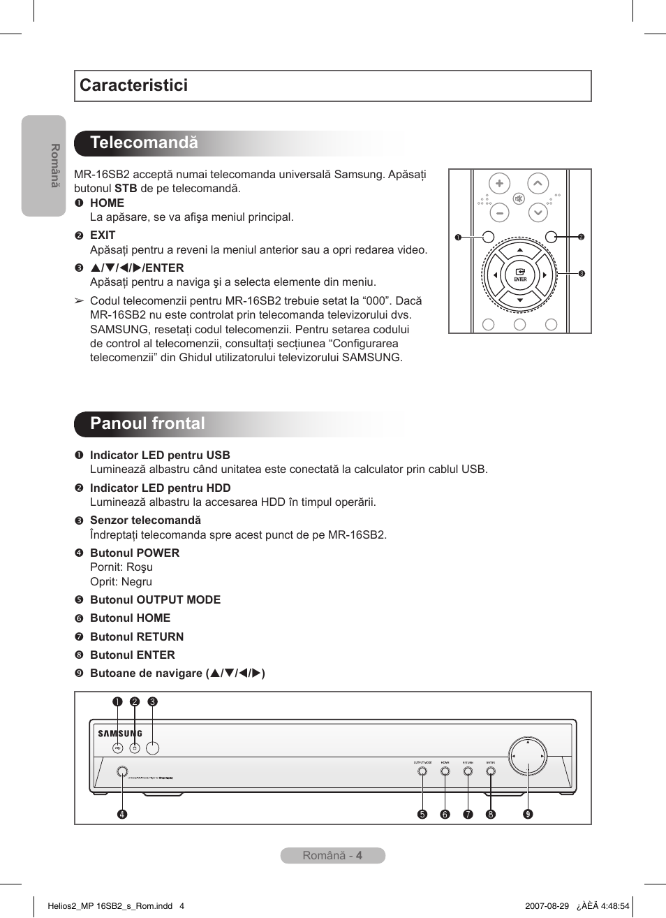 Caracteristici telecomandă, Panoul frontal | Samsung MR-16SB2 User Manual | Page 88 / 151