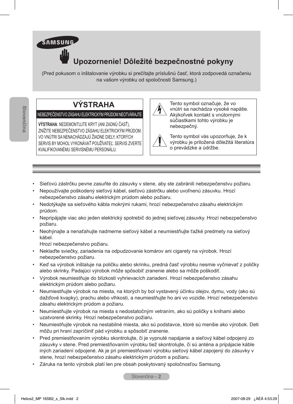 Slovenčina, Upozornenie! dôležité bezpečnostné pokyny, Výstraha | Samsung MR-16SB2 User Manual | Page 92 / 151
