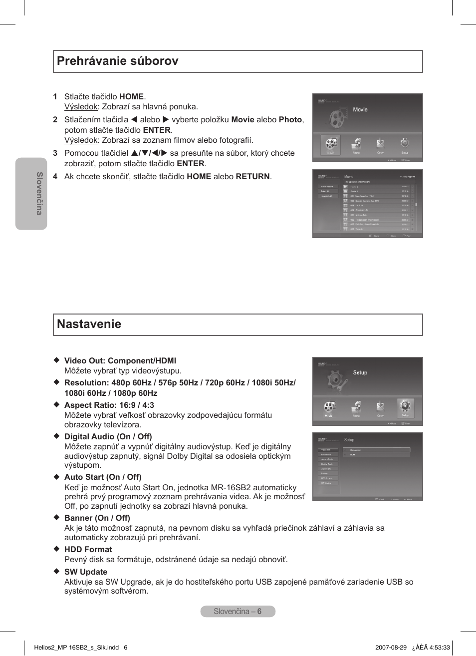 Prehrávanie súborov, Nastavenie | Samsung MR-16SB2 User Manual | Page 96 / 151