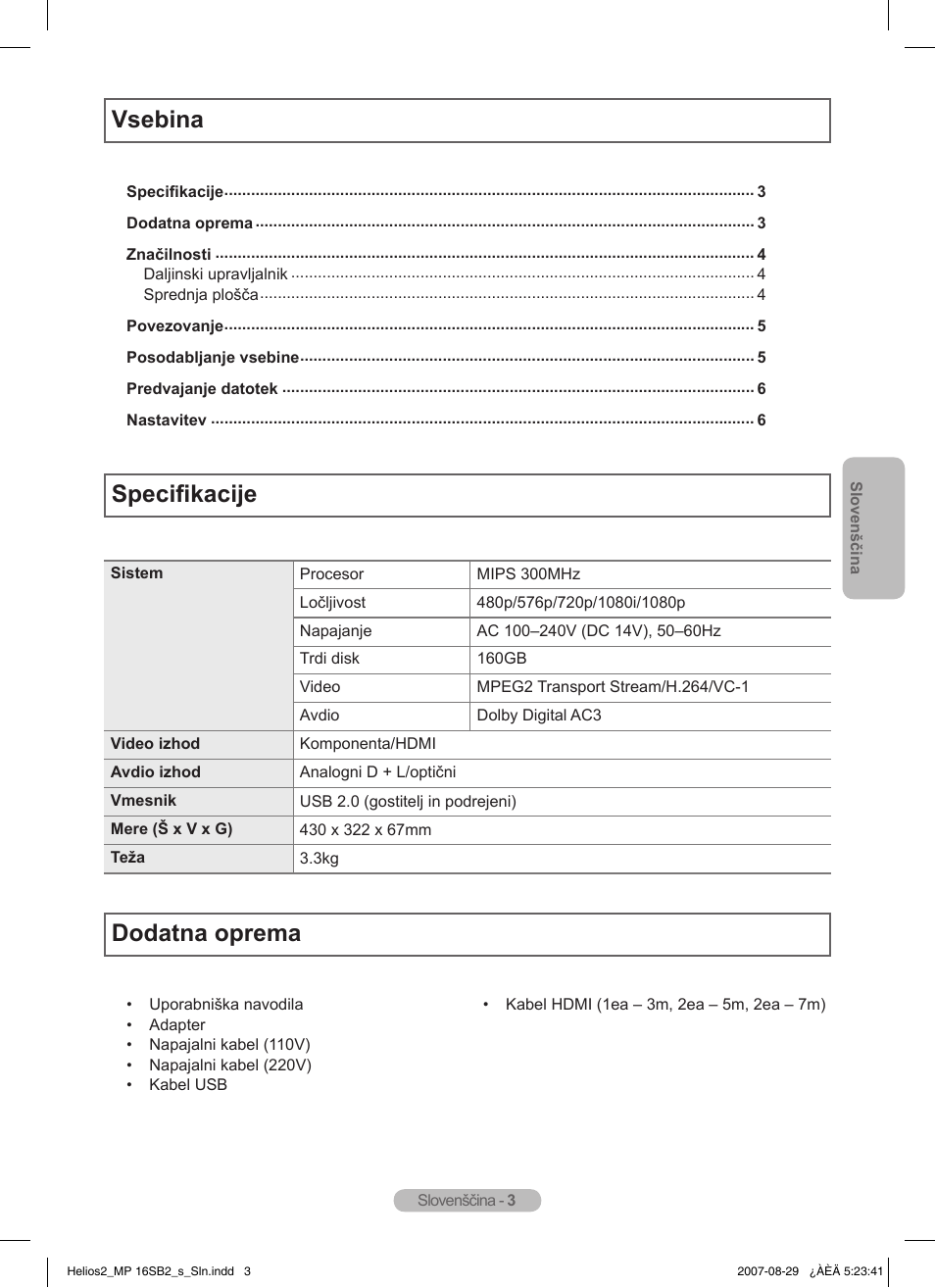 Vsebina specifikacije, Dodatna oprema | Samsung MR-16SB2 User Manual | Page 99 / 151