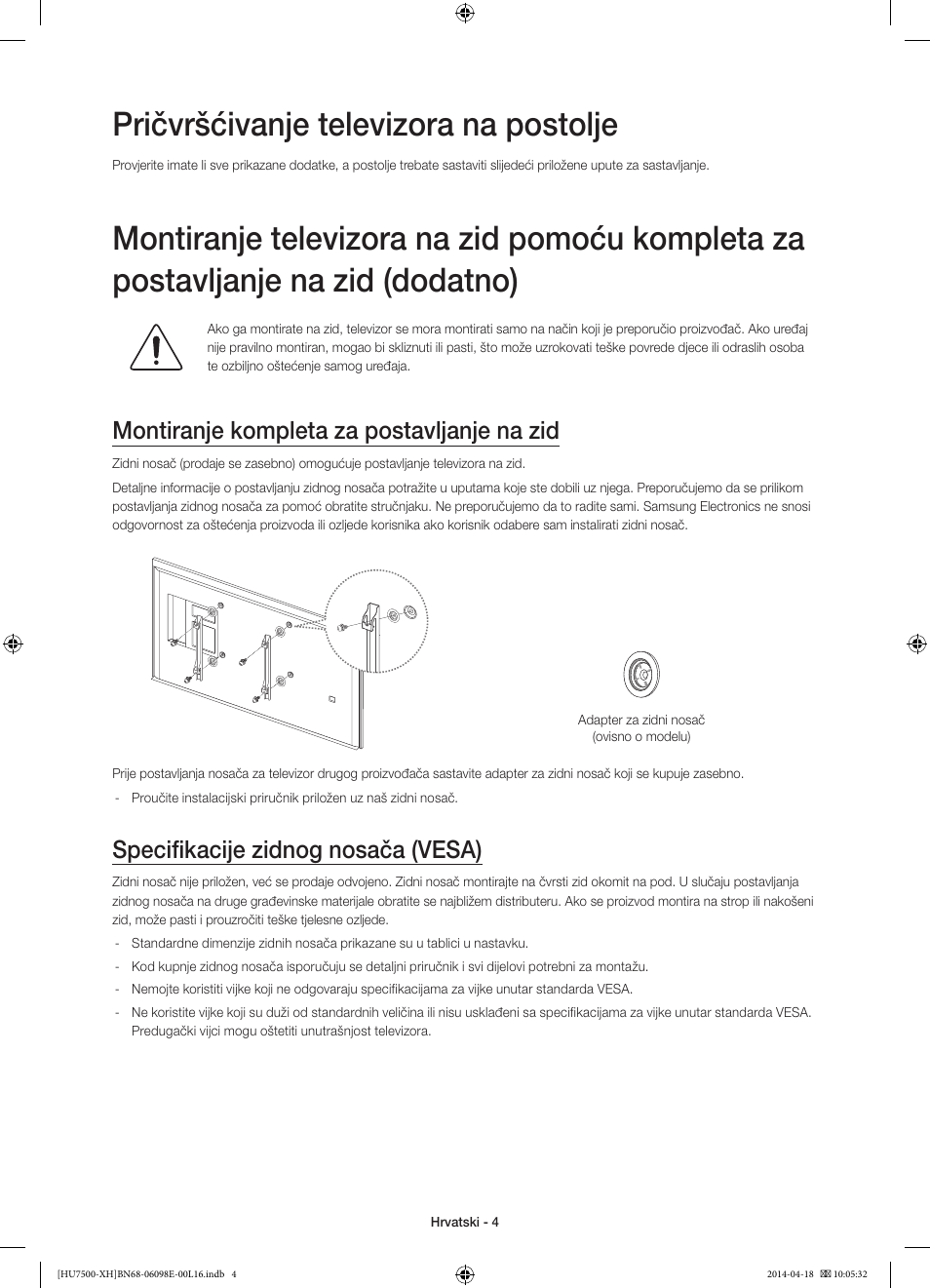 Pričvršćivanje televizora na postolje, Montiranje kompleta za postavljanje na zid, Specifikacije zidnog nosača (vesa) | Samsung UE55HU7500L User Manual | Page 124 / 385