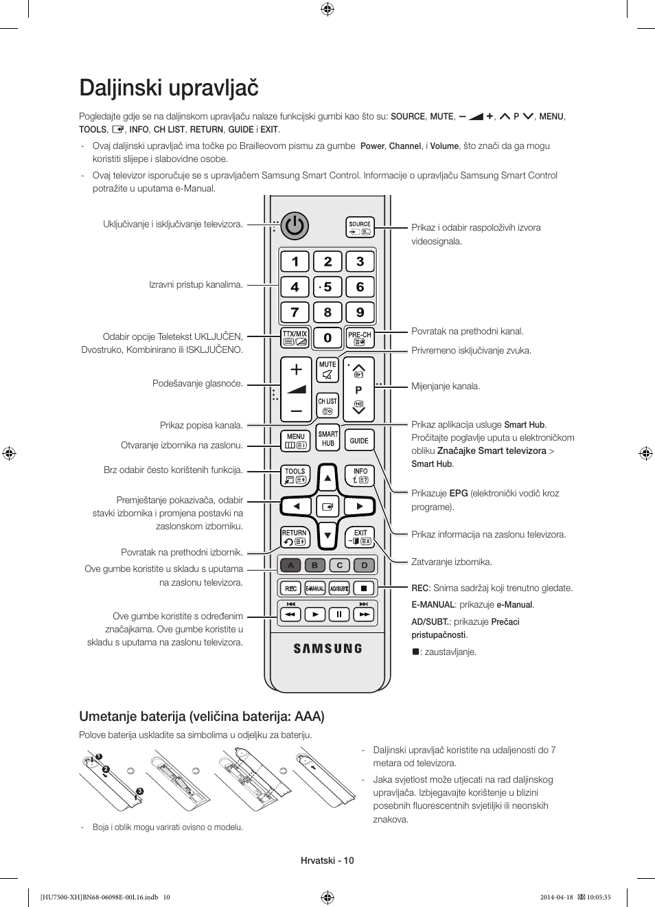 Daljinski upravljač, Umetanje baterija (veličina baterija: aaa) | Samsung UE55HU7500L User Manual | Page 130 / 385