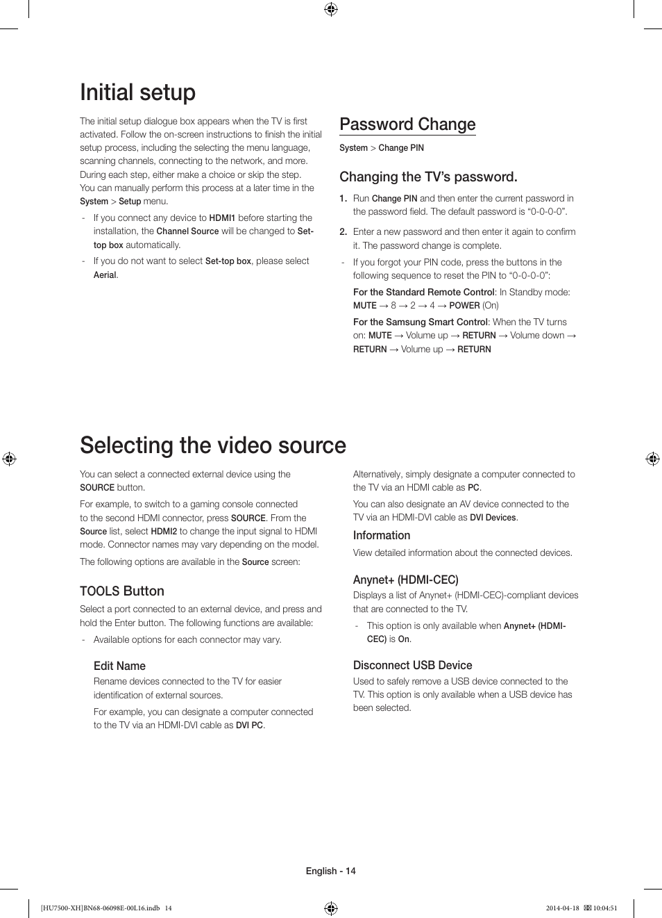 Initial setup, Selecting the video source, Password change | Changing the tv’s password, Button, Tools | Samsung UE55HU7500L User Manual | Page 14 / 385