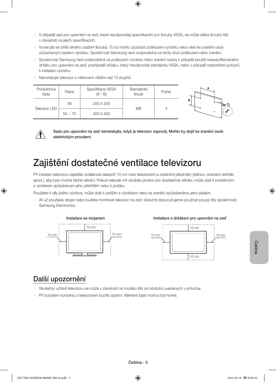 Zajištění dostatečné ventilace televizoru, Další upozornění | Samsung UE55HU7500L User Manual | Page 149 / 385