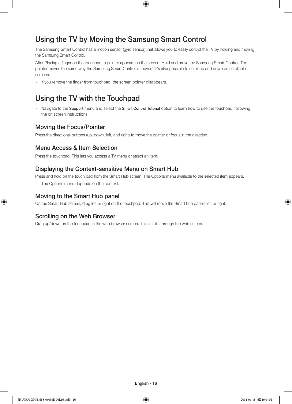 Using the tv by moving the samsung smart control, Using the tv with the touchpad, Moving the focus/pointer | Menu access & item selection, Displaying the context-sensitive menu on smart hub, Moving to the smart hub panel, Scrolling on the web browser | Samsung UE55HU7500L User Manual | Page 16 / 385