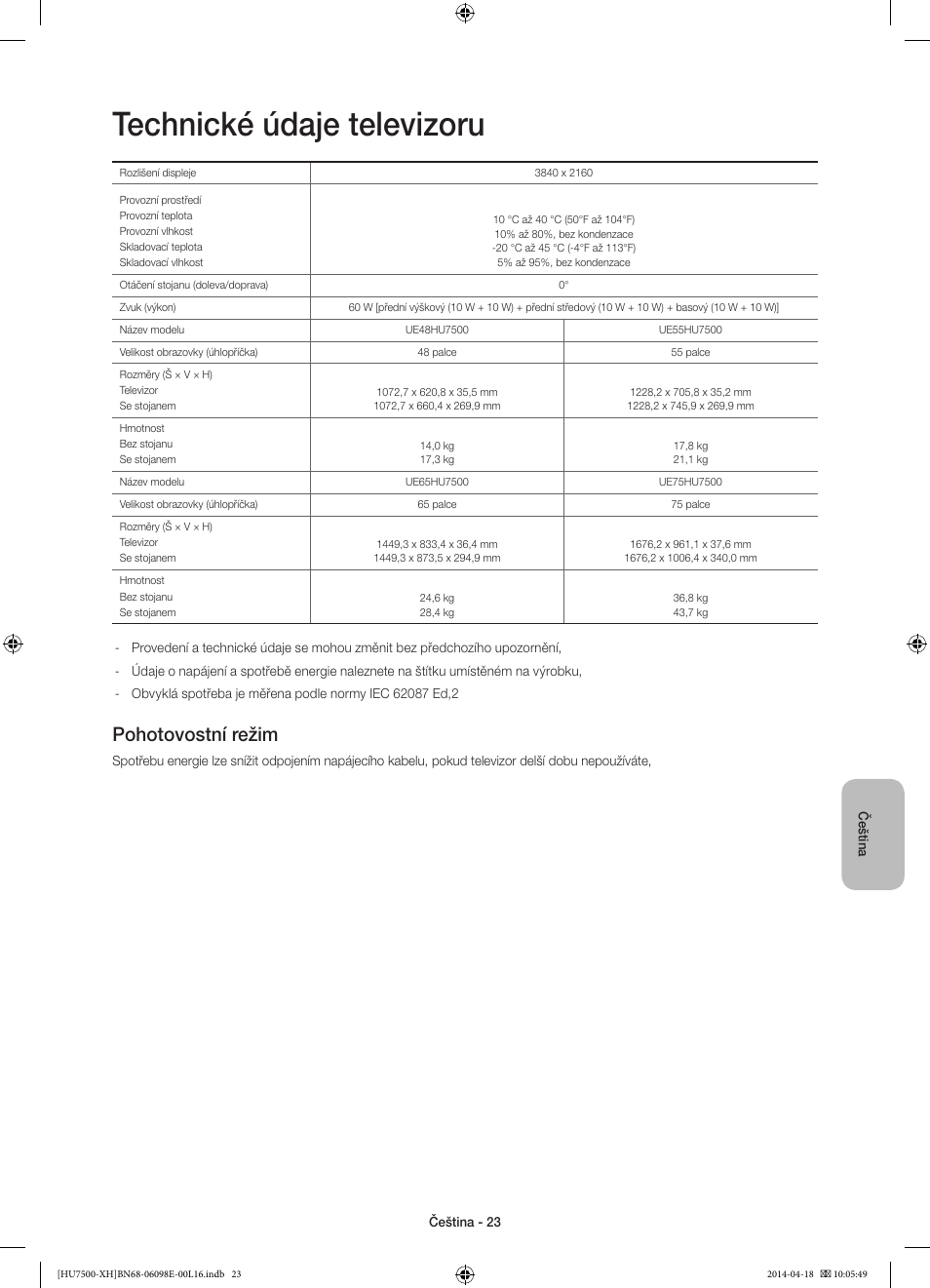 Technické údaje televizoru, Pohotovostní režim | Samsung UE55HU7500L User Manual | Page 167 / 385