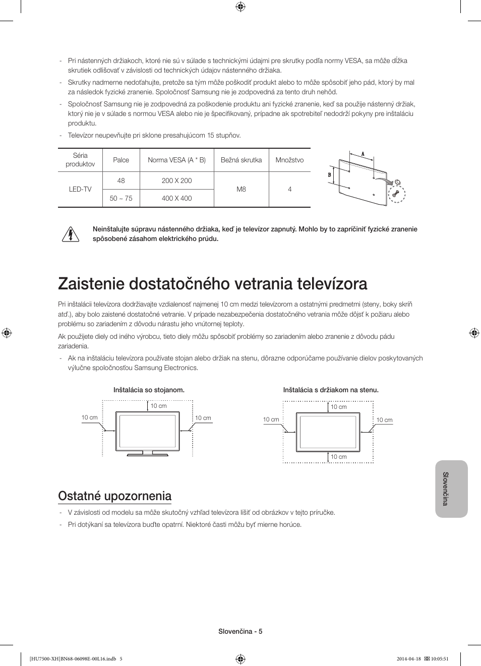 Zaistenie dostatočného vetrania televízora, Ostatné upozornenia | Samsung UE55HU7500L User Manual | Page 173 / 385