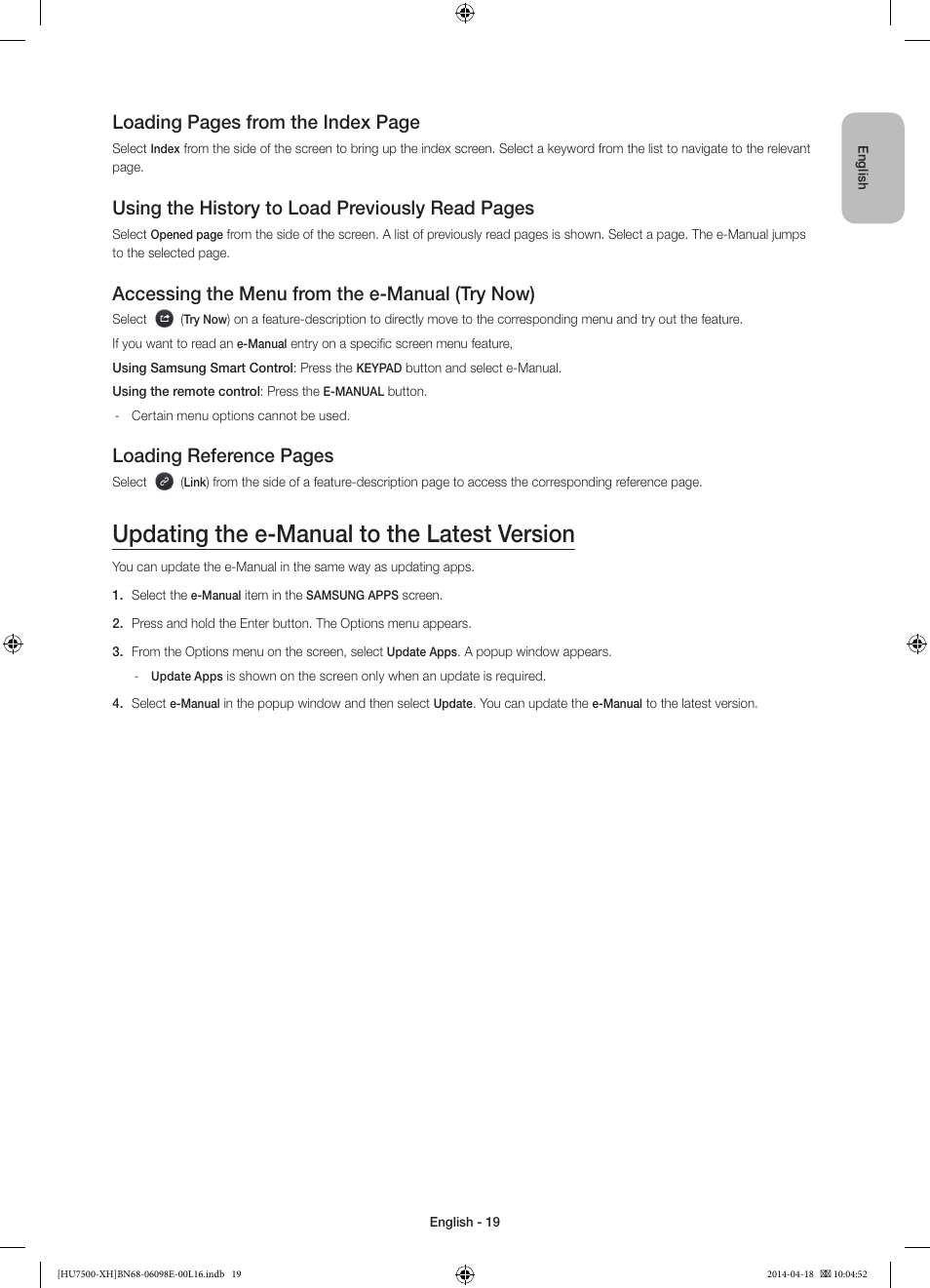 Updating the e-manual to the latest version, Loading pages from the index page, Using the history to load previously read pages | Accessing the menu from the e-manual (try now), Loading reference pages | Samsung UE55HU7500L User Manual | Page 19 / 385