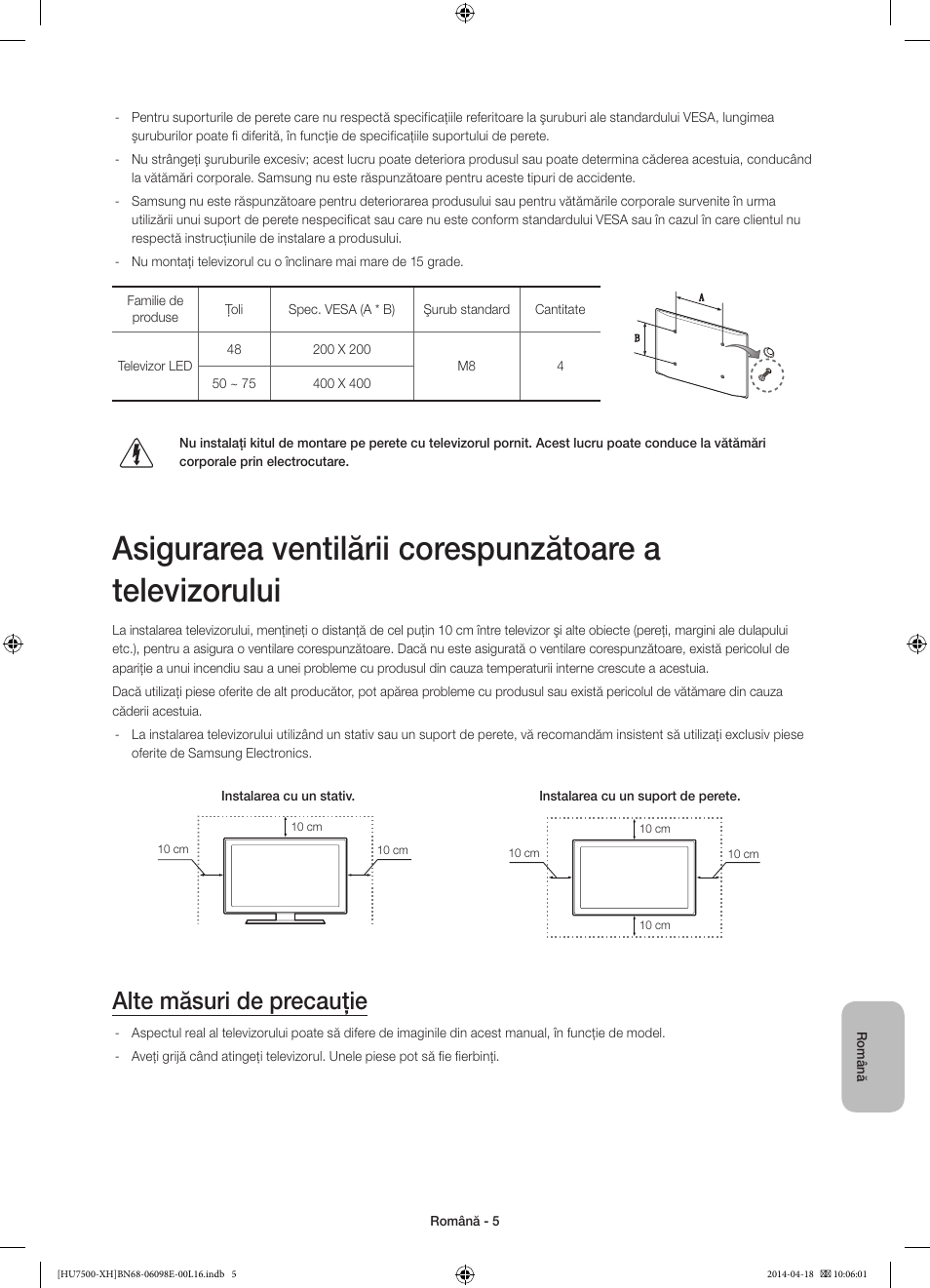 Alte măsuri de precauţie | Samsung UE55HU7500L User Manual | Page 197 / 385