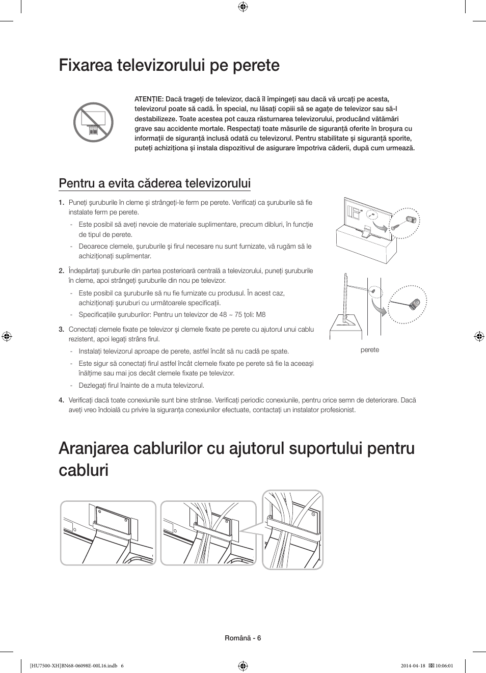 Fixarea televizorului pe perete, Pentru a evita căderea televizorului | Samsung UE55HU7500L User Manual | Page 198 / 385