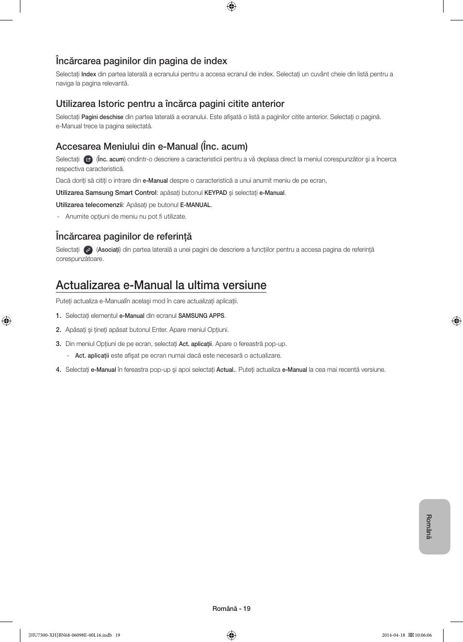 Actualizarea e-manual la ultima versiune, Încărcarea paginilor din pagina de index, Accesarea meniului din e-manual (înc. acum) | Încărcarea paginilor de referinţă | Samsung UE55HU7500L User Manual | Page 211 / 385