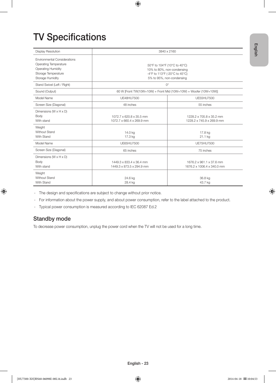 Tv specifications, Standby mode | Samsung UE55HU7500L User Manual | Page 23 / 385