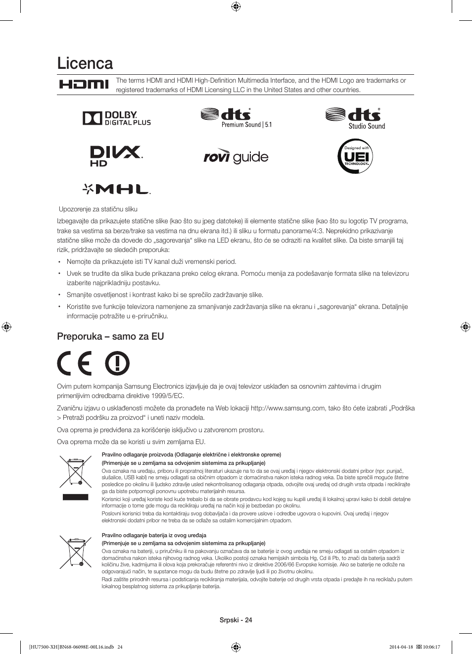 Licenca, Preporuka – samo za eu | Samsung UE55HU7500L User Manual | Page 240 / 385