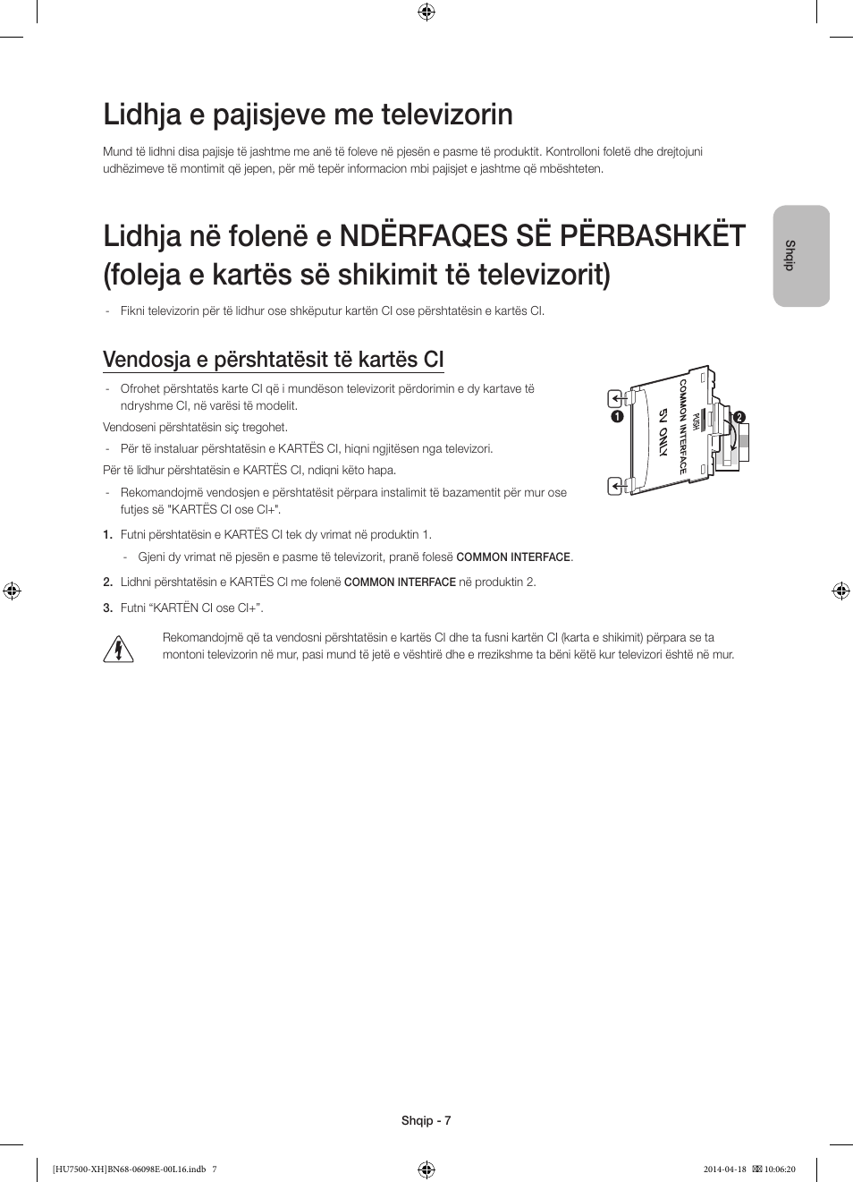 Lidhja e pajisjeve me televizorin, Vendosja e përshtatësit të kartës ci | Samsung UE55HU7500L User Manual | Page 247 / 385