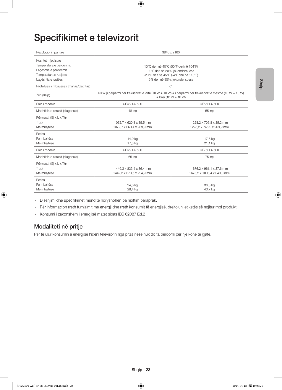 Specifikimet e televizorit, Modaliteti në pritje | Samsung UE55HU7500L User Manual | Page 263 / 385