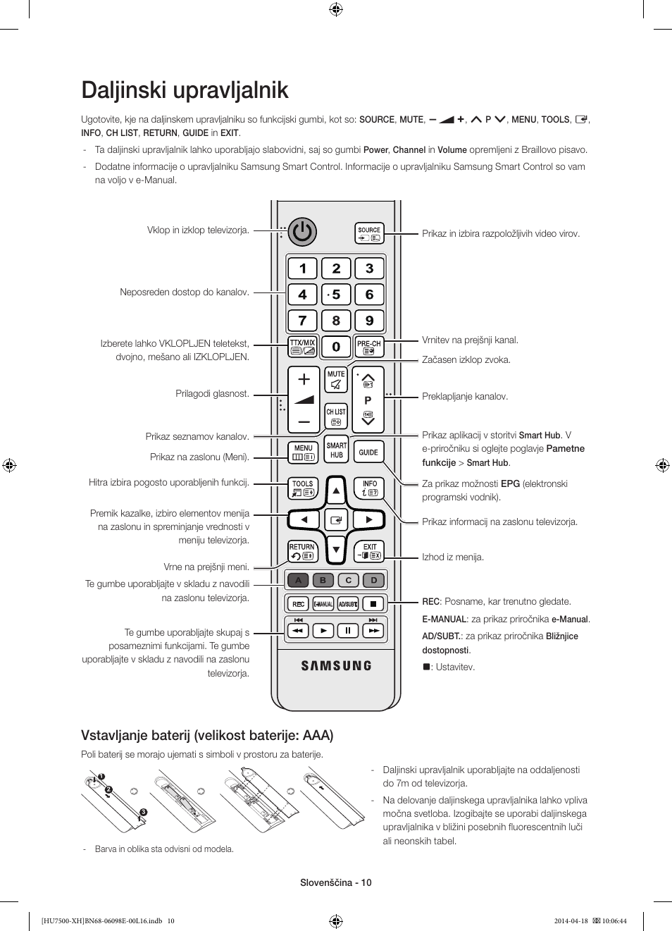 Daljinski upravljalnik, Vstavljanje baterij (velikost baterije: aaa) | Samsung UE55HU7500L User Manual | Page 298 / 385