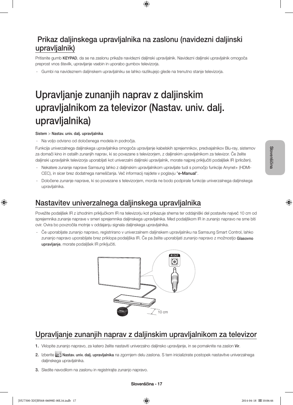 Nastavitev univerzalnega daljinskega upravljalnika | Samsung UE55HU7500L User Manual | Page 305 / 385