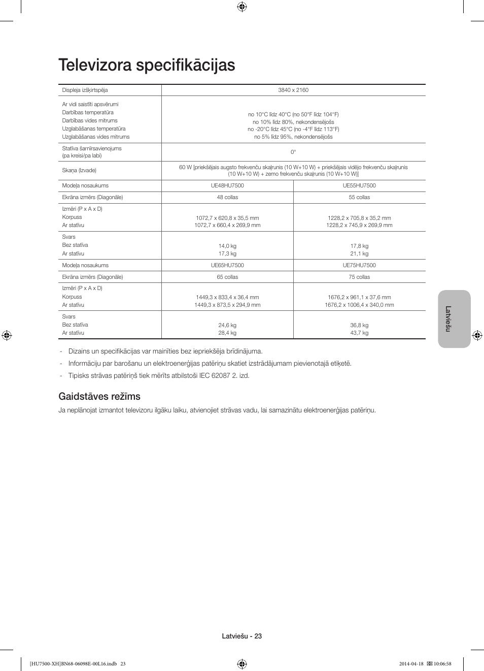 Televizora specifikācijas, Gaidstāves režīms | Samsung UE55HU7500L User Manual | Page 335 / 385