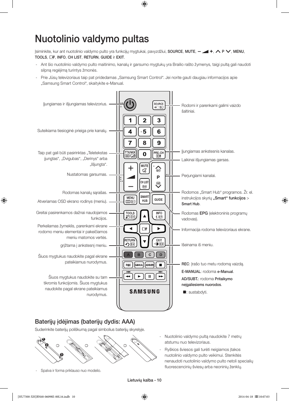 Nuotolinio valdymo pultas, Baterijų įdėjimas (baterijų dydis: aaa) | Samsung UE55HU7500L User Manual | Page 346 / 385