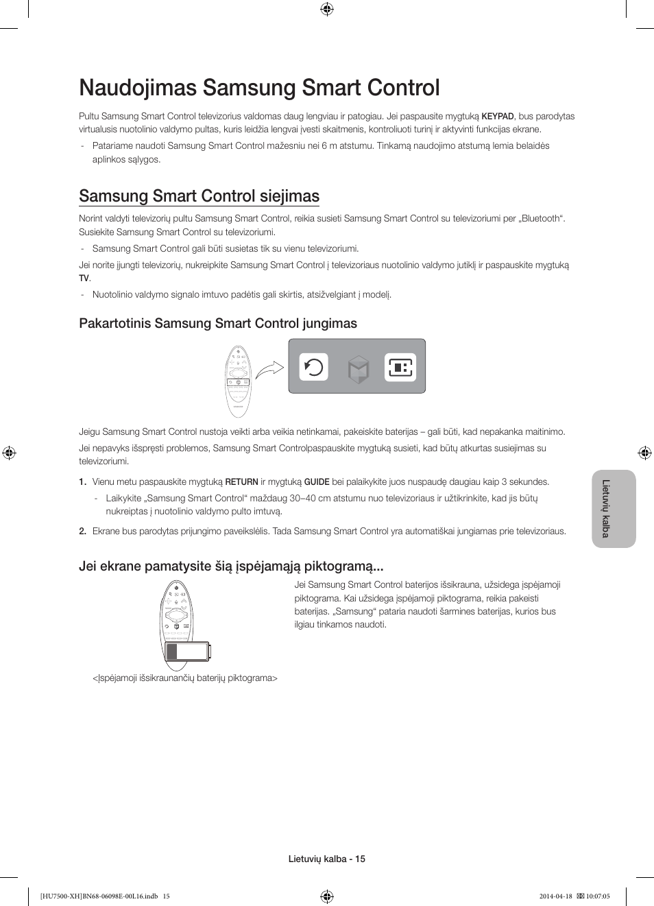 Naudojimas samsung smart control, Samsung smart control siejimas, Pakartotinis samsung smart control jungimas | Jei ekrane pamatysite šią įspėjamąją piktogramą | Samsung UE55HU7500L User Manual | Page 351 / 385