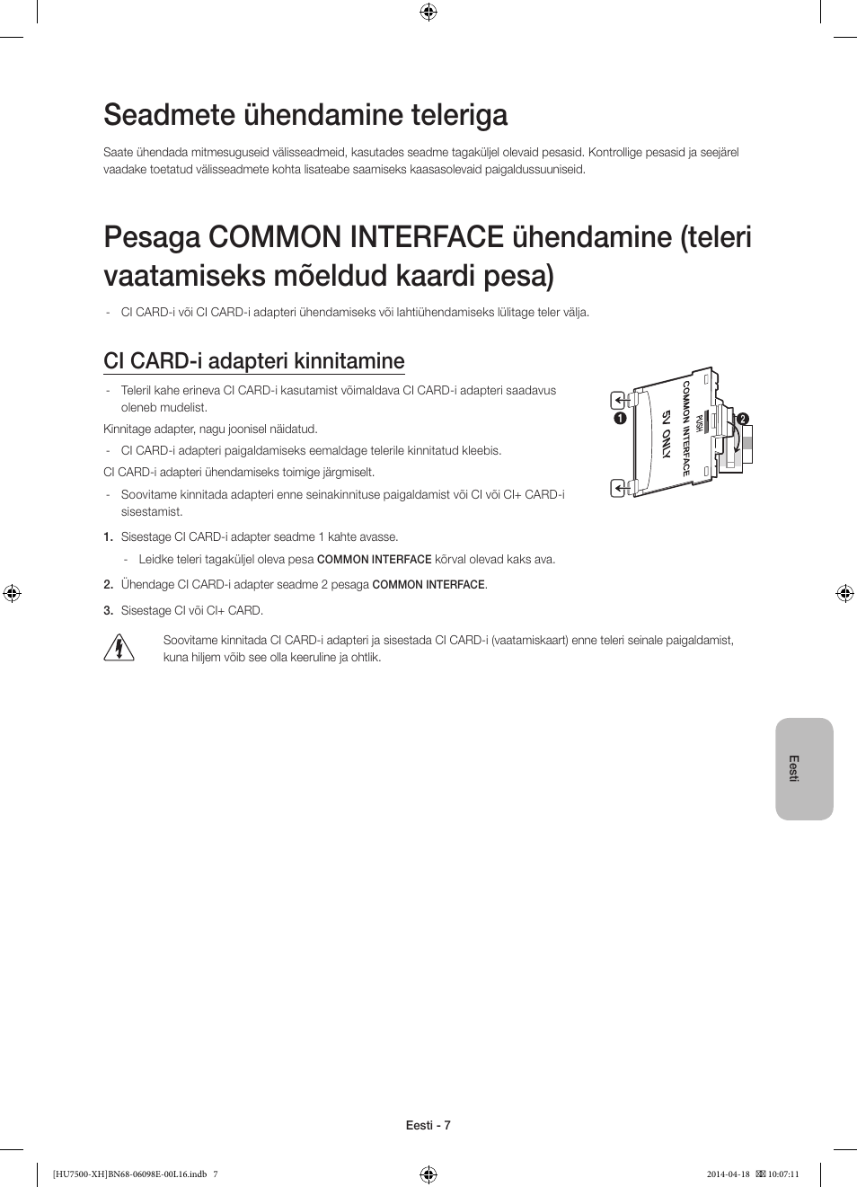 Seadmete ühendamine teleriga, Ci card-i adapteri kinnitamine | Samsung UE55HU7500L User Manual | Page 367 / 385