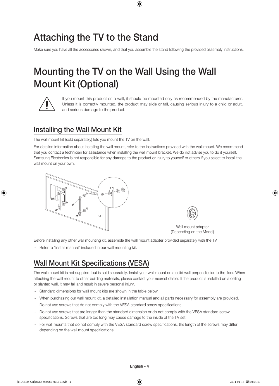 Attaching the tv to the stand, Installing the wall mount kit, Wall mount kit specifications (vesa) | Samsung UE55HU7500L User Manual | Page 4 / 385