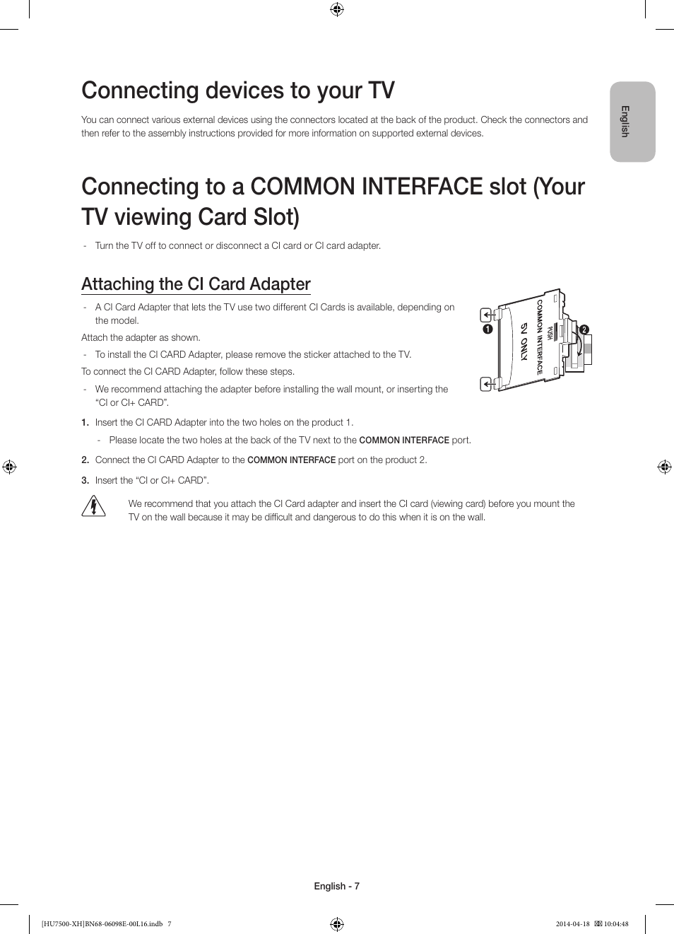 Connecting devices to your tv, Attaching the ci card adapter | Samsung UE55HU7500L User Manual | Page 7 / 385