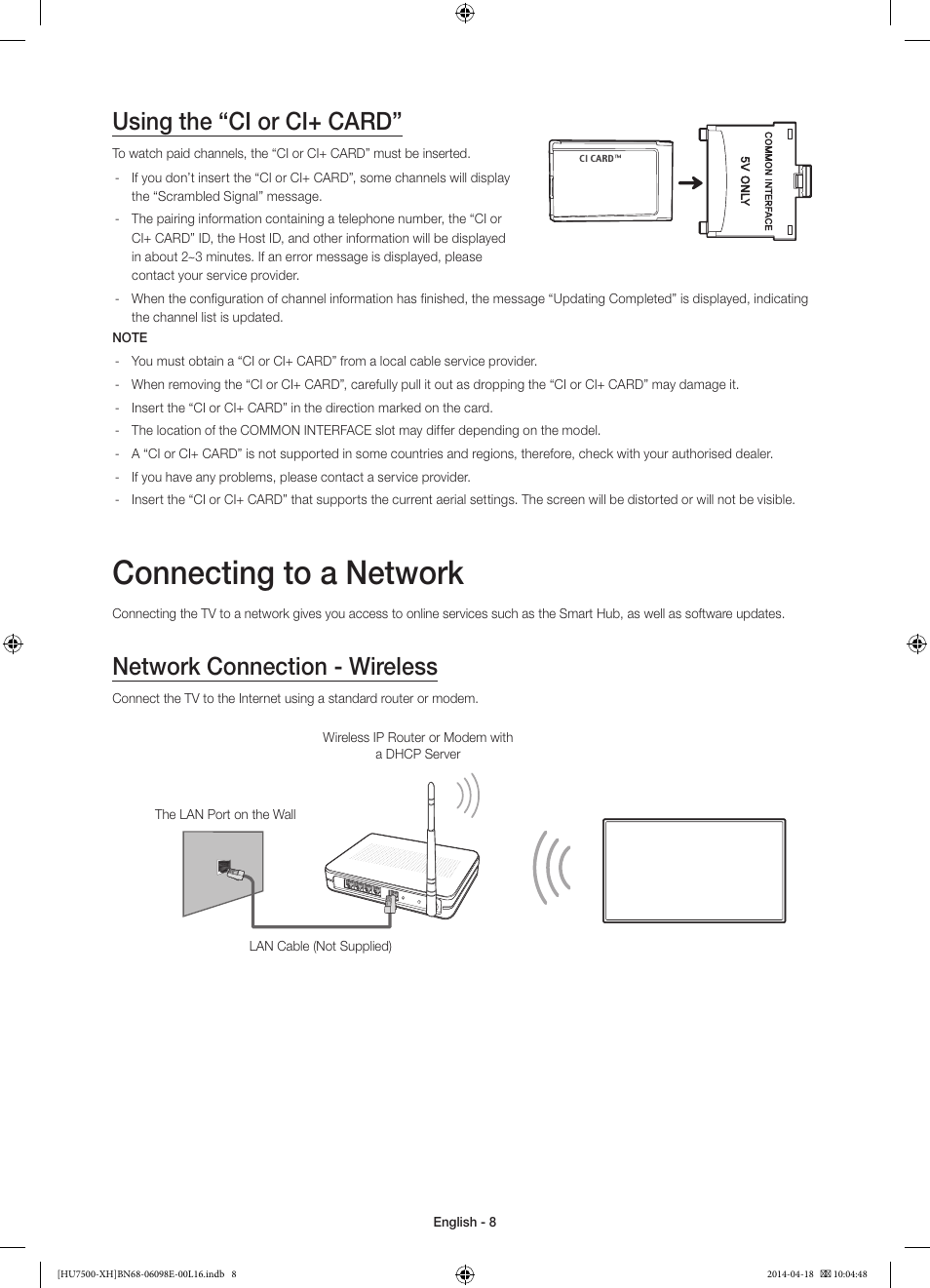 Connecting to a network, Using the “ci or ci+ card, Network connection - wireless | Samsung UE55HU7500L User Manual | Page 8 / 385