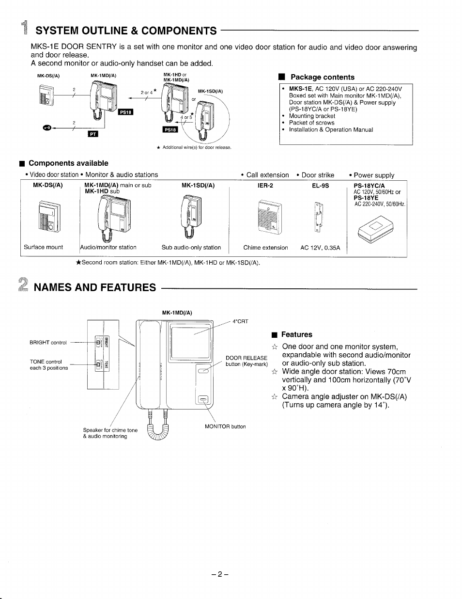 System outline & components, Names and features, Features | Aiphone MK-1MD/A User Manual | Page 2 / 6