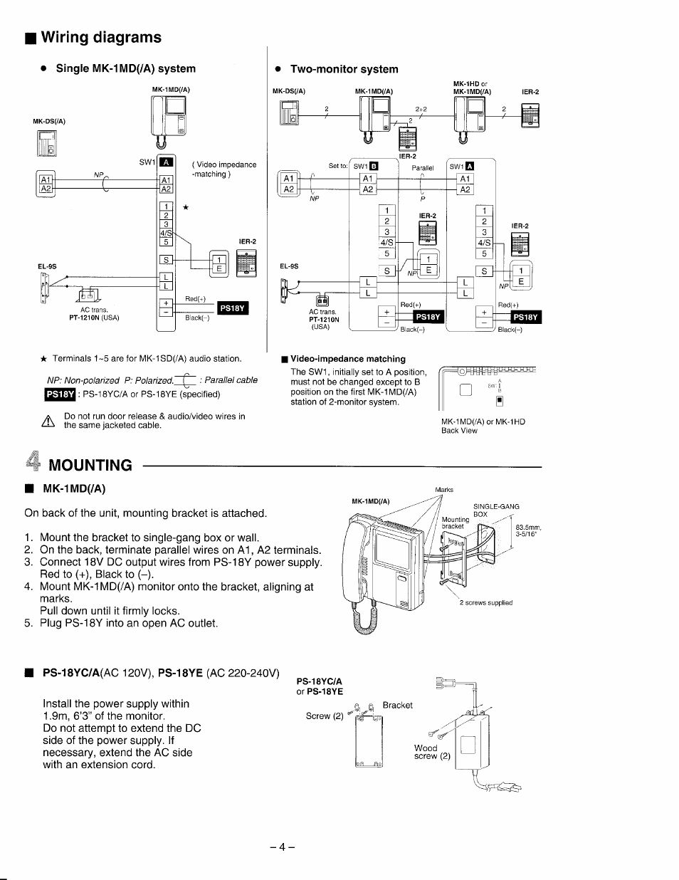 Wiring diagrams, Single mk-1 md(/a) system, J mounting | Mk-1md(/a) | Aiphone MK-1MD/A User Manual | Page 4 / 6