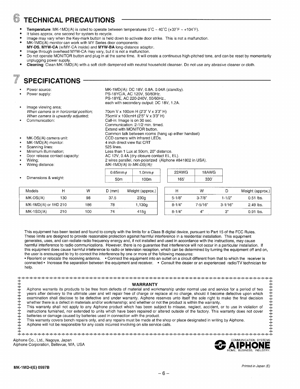 Technical precautions, Specifications, Aiphone | Aiphone MK-1MD/A User Manual | Page 6 / 6