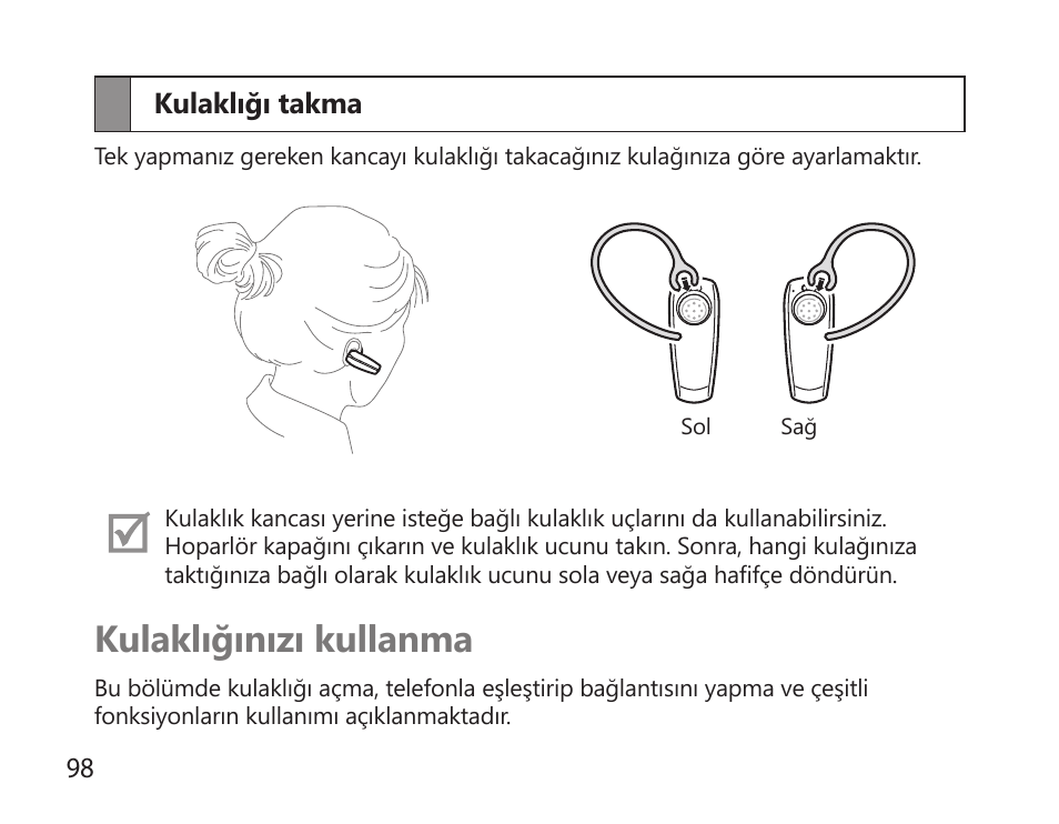 Kulaklığı takma, Kulaklığınızı kullanma | Samsung HM6000 User Manual | Page 100 / 183
