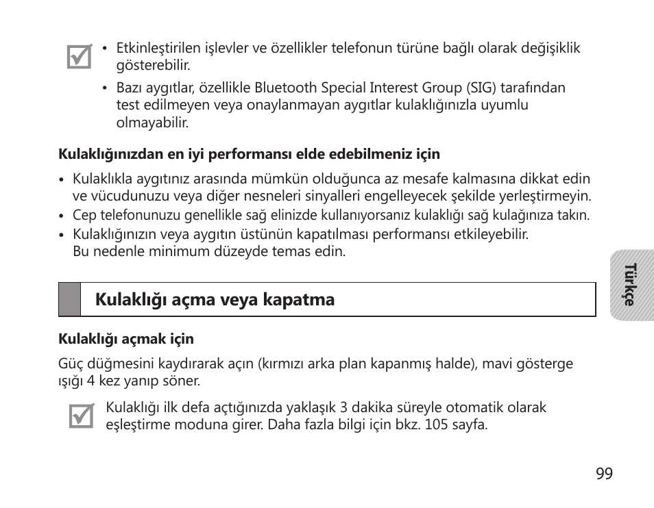 Kulaklığı açma veya kapatma | Samsung HM6000 User Manual | Page 101 / 183