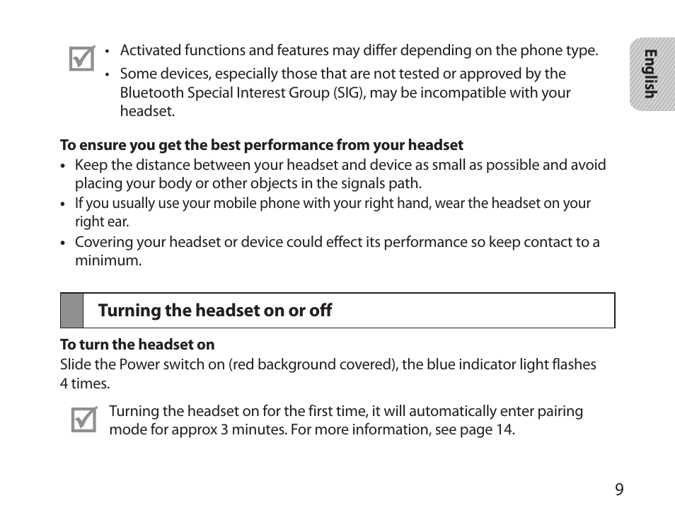 Turning the headset on or off | Samsung HM6000 User Manual | Page 11 / 183