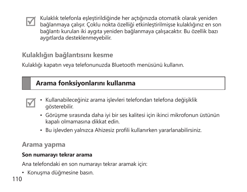 Arama fonksiyonlarını kullanma | Samsung HM6000 User Manual | Page 112 / 183