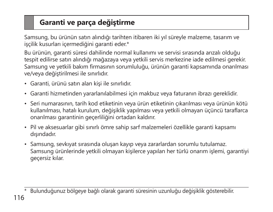 Garanti ve parça değiştirme, 116 garanti ve parça değiştirme | Samsung HM6000 User Manual | Page 118 / 183