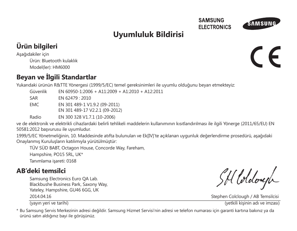 Uyumluluk bildirisi, Ürün bilgileri, Beyan ve ilgili standartlar | Ab’deki temsilci | Samsung HM6000 User Manual | Page 122 / 183