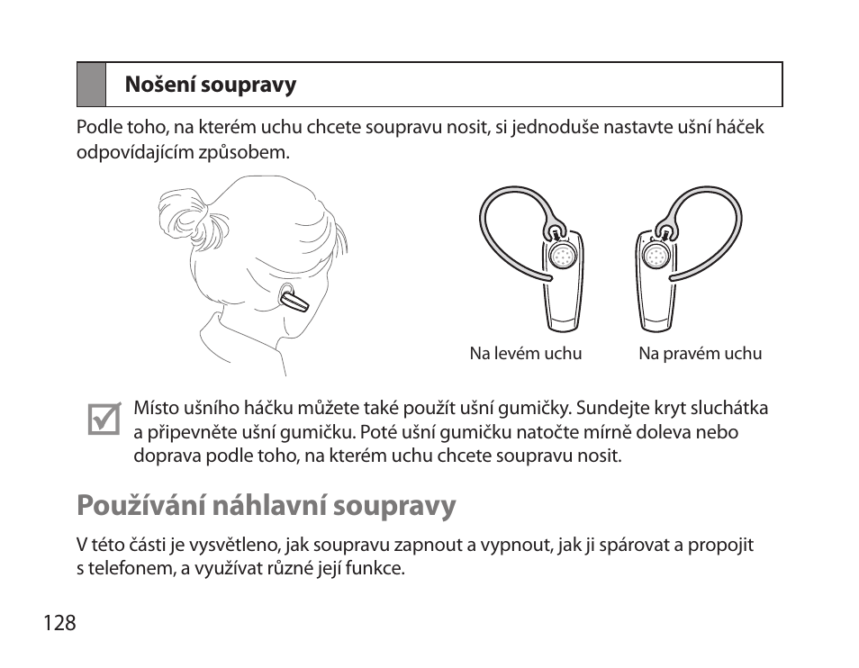 Nošení soupravy, Používání náhlavní soupravy | Samsung HM6000 User Manual | Page 130 / 183
