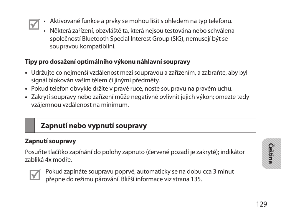 Zapnutí nebo vypnutí soupravy | Samsung HM6000 User Manual | Page 131 / 183