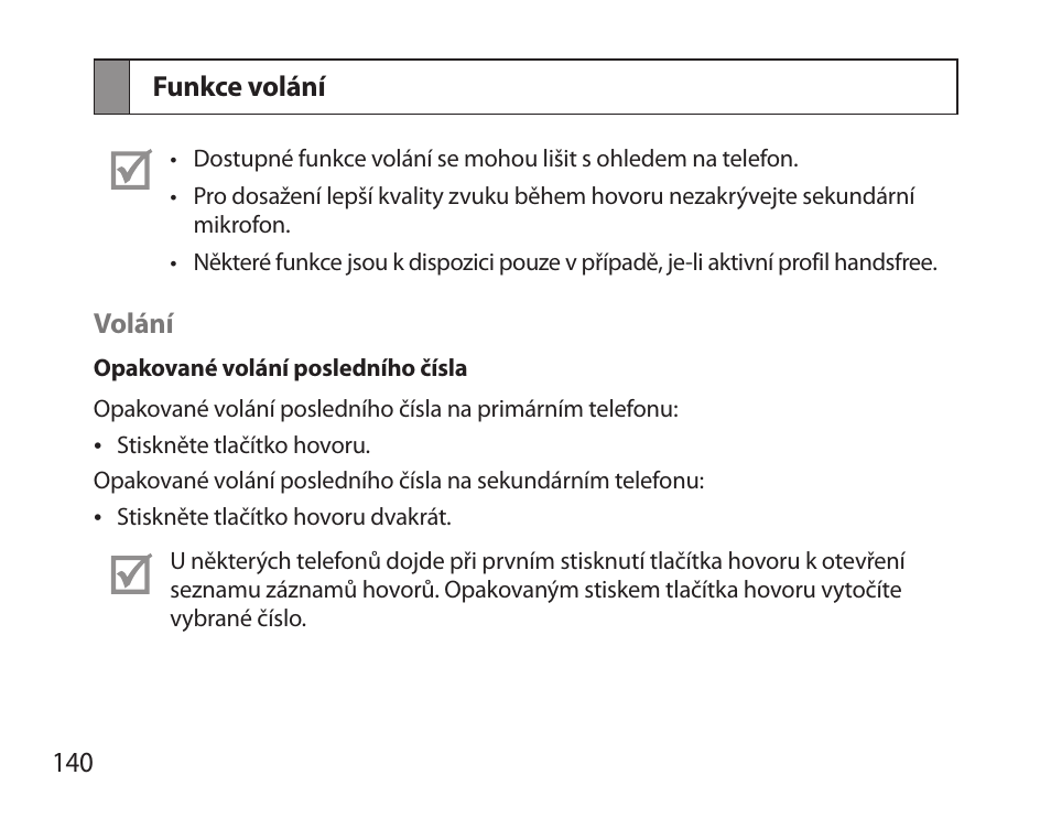 Funkce volání | Samsung HM6000 User Manual | Page 142 / 183