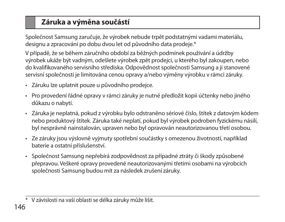 Záruka a výměna součástí, 146 záruka a výměna součástí | Samsung HM6000 User Manual | Page 148 / 183