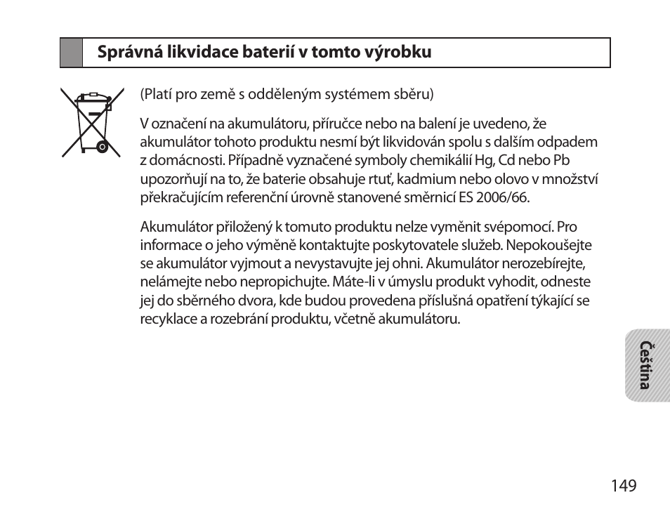 Správná likvidace baterií v tomto výrobku | Samsung HM6000 User Manual | Page 151 / 183