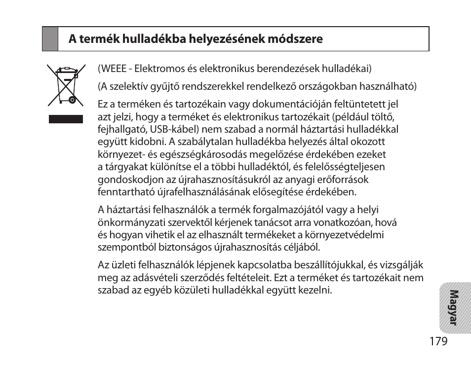 A termék hulladékba helyezésének módszere | Samsung HM6000 User Manual | Page 181 / 183
