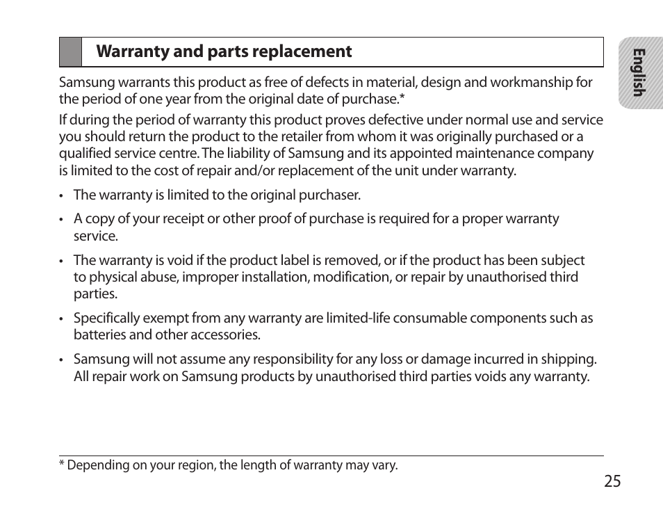 Warranty and parts replacement | Samsung HM6000 User Manual | Page 27 / 183