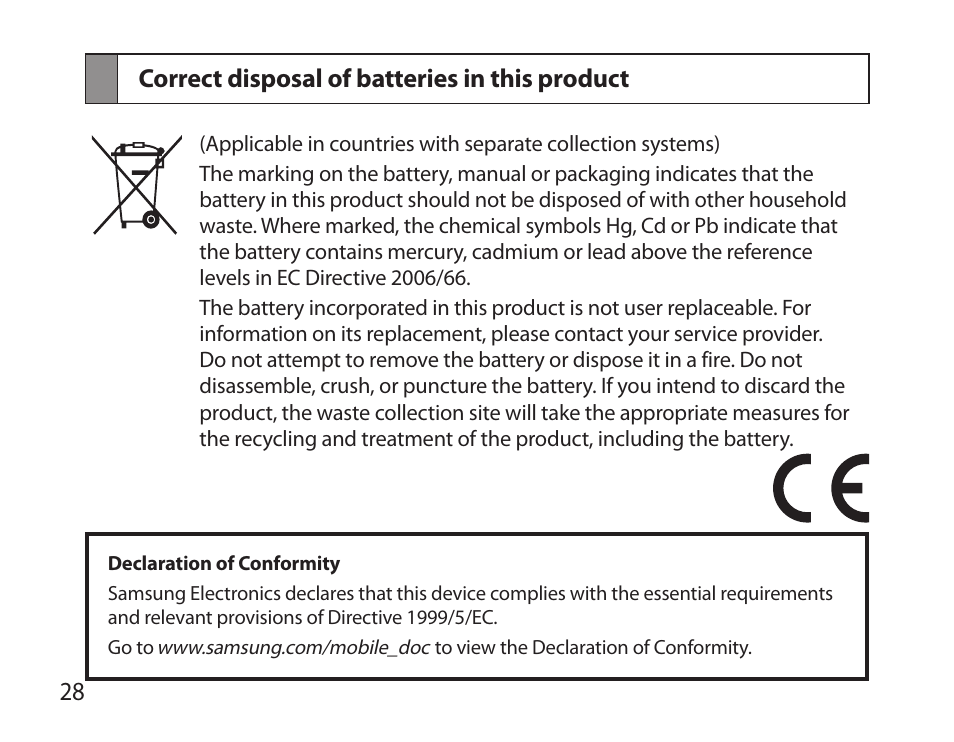 Correct disposal of batteries in this product | Samsung HM6000 User Manual | Page 30 / 183